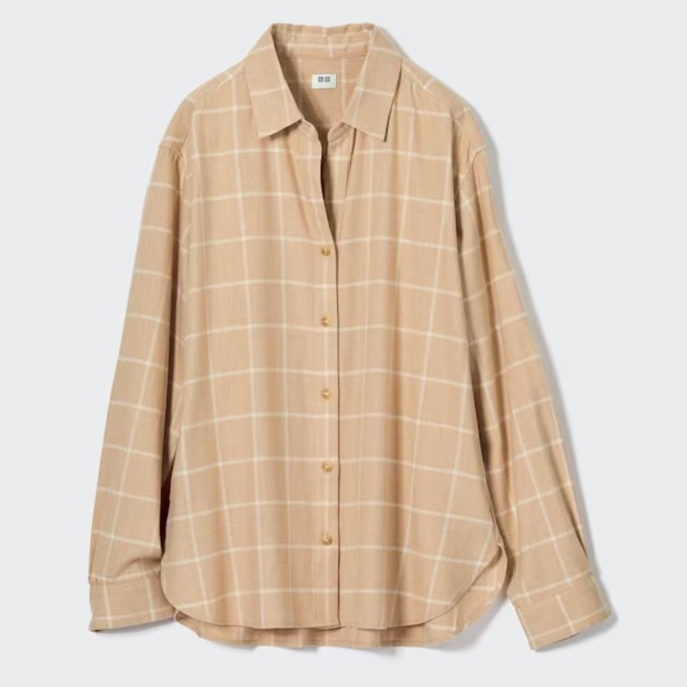 Uniqlo Tan Plaid Flannel, Extra Small, Long Sleeves Button Up, Front Pocket